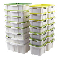 Stacked plastic storage bins with vibrant colored lids for efficient organization, ideal for home or office use on Transparent Background png