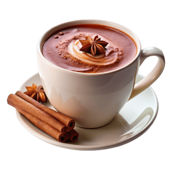 cremig heiß Schokolade gekrönt mit ausgepeitscht Creme, Star Anis, und serviert mit Zimt Stöcke im ein Weiß Tasse png