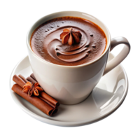 Indulgent cup of hot chocolate served with a hint of spice from star anise and cinnamon sticks for a warm delight png