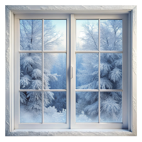 Frosted window with a serene view of snow covered trees and a peaceful winter landscape png