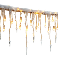 Elegant icicle string lights with warm glow, hanging on snow covered wire, isolated on Transparent Background png