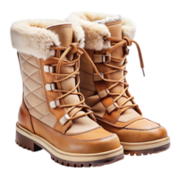 Pair of insulated brown leather boots with soft fur lining for cold weather on a Transparent Background png