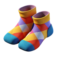 captivating quintessential A pair of colorful knittesocks with a geometric pattern, soft yarn, studio lighting, top-down view, isolateon transparent background,high-resolution product photography png