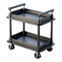 fascinating distinguisheIndustrial metal bar cart, black matte finish, two shelves, rolling wheels, side view, studio lighting, isolateon transparent background,high-resolution product photography png