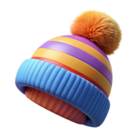 standout modern Cartoon-style, brightly colorestripebeanie with a large fluffy pompom, soft texture, front view, isolateon transparent background,high-resolution product photography fine detail png