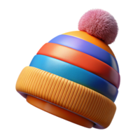 fascinating artistic Cartoon-style, brightly colorestripebeanie with a large fluffy pompom, soft texture, front view, isolateon transparent background,high-resolution product photography crisp png