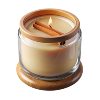 gorgeous nordic Scentejar candle with a wooden lid, cinnamon stick accent, soft glow, warm lighting, top-down view, isolateon transparent background,high-resolution product photography expertly shot png