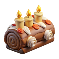 impressive intense surreal Yule log cake with lit candles anmeringue mushrooms, side view, studio lighting, isolateon transparent background,high-resolution product photography expertly shot png