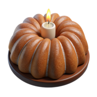 sumptuous unparalleleBundt cake with a single lit candle in the center, powderesugar dusting, top-down view, studio lighting, isolateon transparent background,high-resolution product photography png