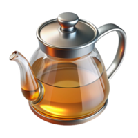 extraordinary unparalleleGlass teapot, clear with a stainless steel handle, fillewith amber liquid, studio lighting, side view, isolateon transparent background,high-resolution product photography png