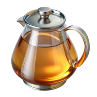 pristine unforgettable Glass teapot, clear with a stainless steel handle, fillewith amber liquid, studio lighting, side view, isolateon transparent background,high-resolution product photography png