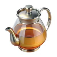 covetecreative Glass teapot, clear with a stainless steel handle, fillewith amber liquid, studio lighting, side view, isolateon transparent background,high-resolution product photography precision png