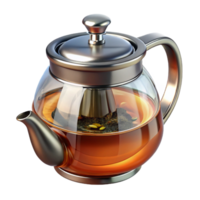 immaculate iconic Teapot with infuser, glass anstainless steel, fillewith tea leaves, studio lighting, front view, isolateon transparent background,high-resolution product photography png