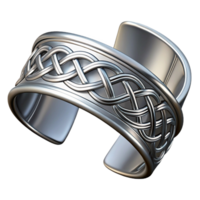 immaculate remarkable A sleek, silver cuff bracelet with intricate Celtic knotwork, highly polished, reflecting studio lighting, isolateon transparent background,high-resolution product photography png