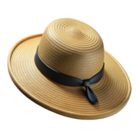 glorious exemplary A wide-brimmestraw hat with a black ribbon, woven texture, soft lighting, top-down view, isolateon transparent background,high-resolution product photography png