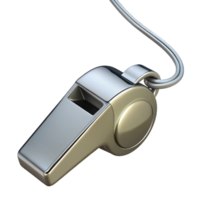 pristine unforgettable Shiny silver whistle, metallic finish, lanyarattached, studio lighting, top-down view, minimalist style, isolateon transparent background,high-resolution product photography png