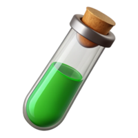 wonderful quintessential Glass test tube fillewith green liquid, cork stopper, soft lighting, front view, detaileillustration, isolateon transparent background,high-resolution product photography png