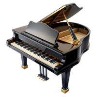 glorious quintessential Granpiano, highly polisheblack lacquer finish, liopen, keys visible, dramatic lighting, isolateon transparent background,high-resolution product photography png