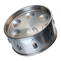 immaculate iconic Steel drum with chrome finish, multiple dents for different notes, studio lighting, top-down view, isolateon transparent background,high-resolution product photography png