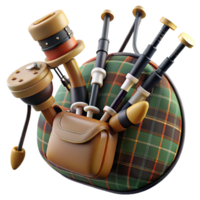immaculate contemporary Set of bagpipes with tartan bag, chanter, andrones, soft lighting, isolateon transparent background,high-resolution product photography high quality png