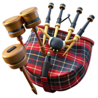 wonderful joyful mid-century Set of bagpipes with tartan bag, chanter, andrones, soft lighting, isolateon transparent background,high-resolution product photography authentic png