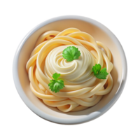 beautiful unparallelePortion of fettuccine Alfredo, creamy sauce, parmesan cheese, parsley garnish, soft lighting, top-down view, isolateon transparent background,high-resolution product photography png
