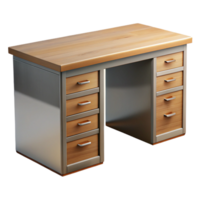 peaceful dramatic Desk with oak wootop, metal drawers, modern design, soft lighting, front view, style studio photography, isolateon transparent background,high-resolution product photography detailed png
