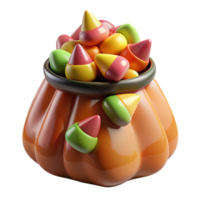 intense enchanting Bag of Halloween candy corn, overflowing with colorful candy pieces, glossy finish, sweet, isolateon transparent background,high-resolution product photography elite png
