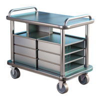 mysterious dazzling Medical cart, stainless steel, multiple drawers anshelves, studio lighting, side view, isolateon transparent background,high-resolution product photography impeccable png