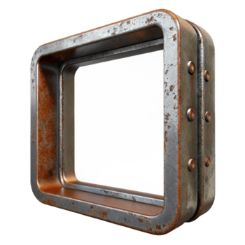 elegante rustico piazza metallo telaio con un' arrugginito finire, visibile corrosione, davanti Visualizza, drammatico illuminazione, isolare trasparente sfondo, alta risoluzione Prodotto fotografia livello superiore png