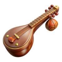 elegant intense artistic Sitar, wooden body, intricate carvings, soft lighting, side view, detaileillustration, isolateon transparent background,high-resolution product photography artisan png