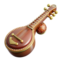 radiant peaceful urban Sitar, wooden body, intricate carvings, soft lighting, side view, detaileillustration, isolateon transparent background,high-resolution product photography studio quality png