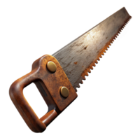 dazzling unparalleleA rusty antique hansaw with a wooden handle anworn teeth, dramatic lighting, side view, isolateon transparent background,high-resolution product photography png