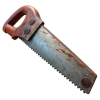 alluring modern A rusty antique hansaw with a wooden handle anworn teeth, dramatic lighting, side view, isolateon transparent background,high-resolution product photography gallery standard png