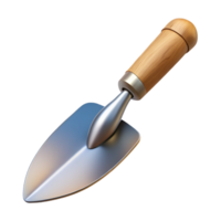sumptuous futuristic Gardening trowel with a wooden handle ana polishemetal blade, soft lighting, top-down view, isolateon transparent background,high-resolution product photography impeccable png