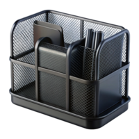 elegant notable Desk organizer, black mesh metal, empty compartments, front view, studio lighting, product shot, isolateon transparent background,high-resolution product photography png