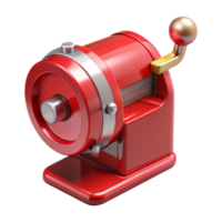 beautiful reflective nordic Pencil sharpener, metallic red, hancrank, front view, studio lighting, product shot, isolateon transparent background,high-resolution product photography artisan png