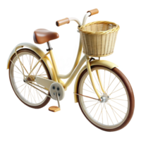 energetic striking Vintage bicycle with wicker basket, cream coloreframe, leather seat, soft lighting, side view, isolateon transparent background,high-resolution product photography 8K png