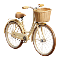 elegant sought-after Vintage bicycle with wicker basket, cream coloreframe, leather seat, soft lighting, side view, isolateon transparent background,high-resolution product photography png
