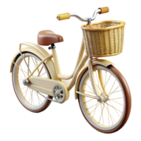 bolradiant Vintage bicycle with wicker basket, cream coloreframe, leather seat, soft lighting, side view, isolateon transparent background,high-resolution product photography flawless png
