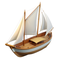 gorgeous energetic industrial Sailboat with white sails, wooden hull, detailerigging, soft lighting, side view, isolateon transparent background,high-resolution product photography gallery standard png
