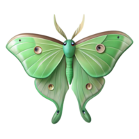 breathtaking standout Luna moth with pale green wings, long tails, intricate eye spots, studio lighting, minimalist, with transparent background,high-resolution product photography png