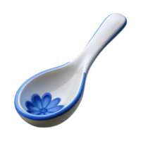 beautiful dynamic surreal Soup spoon, ceramic, white with blue floral pattern, studio lighting, front view, isolateon transparent background,high-resolution product photography impeccable png