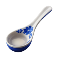 glorious abstract Soup spoon, ceramic, white with blue floral pattern, studio lighting, front view, isolateon transparent background,high-resolution product photography studio quality png
