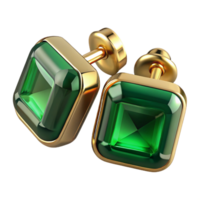reflective gorgeous Emeralstuearrings, square-cut emeralds, golsetting, dramatic lighting, front view, product shot, isolateon transparent background,high-resolution product photography 4K png