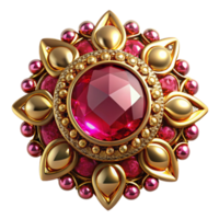 alluring iconic Ruby brooch, antique design with intricate goldwork, sparkling finish, dramatic lighting, front view, product shot, with transparent background,high-resolution product photography png