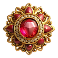 immaculate coveteRuby brooch, antique design with intricate goldwork, sparkling finish, dramatic lighting, front view, product shot, with transparent background,high-resolution product photography png