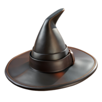 covetemodern Black witch's hat with pointecrown anwide brim, weathereleather texture, dramatic lighting, front view, isolateon transparent background,high-resolution product photography fine detail png