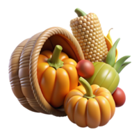 mesmerizing minimalist Woven cornucopia overflowing with pumpkins, gourds, anears of corn, warm lighting, side view, isolateon transparent background,high-resolution product photography impeccable png