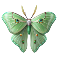 magnificent rare Luna moth with pale green wings, long tails, detaileeye spots, soft lighting, front view, studio photography, isolateon transparent background,high-resolution product photography png
